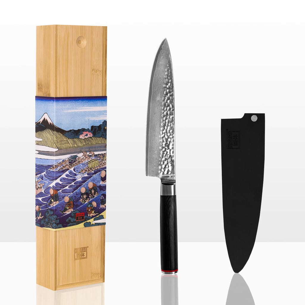 Couteau Gyuto Pakka Damas Kotai Réunion et sa boite de protection en bambou