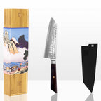 Couteau Santoku Bunka Damas Kotai Réunion et son coffret de protection en bambou