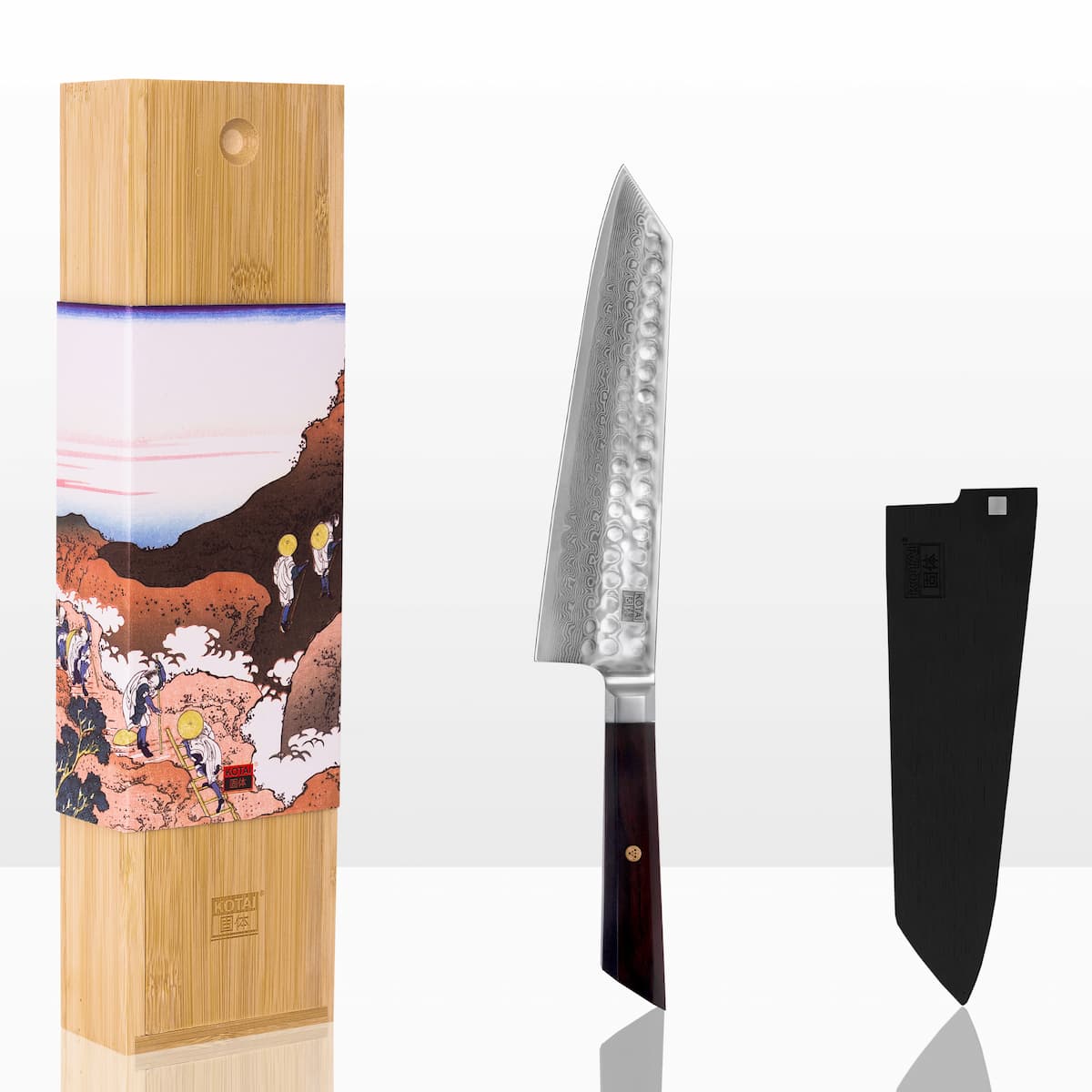 Couteau de chef Kiritsuke Bunka Damas - Kotai Réunion et son coffret en bambou