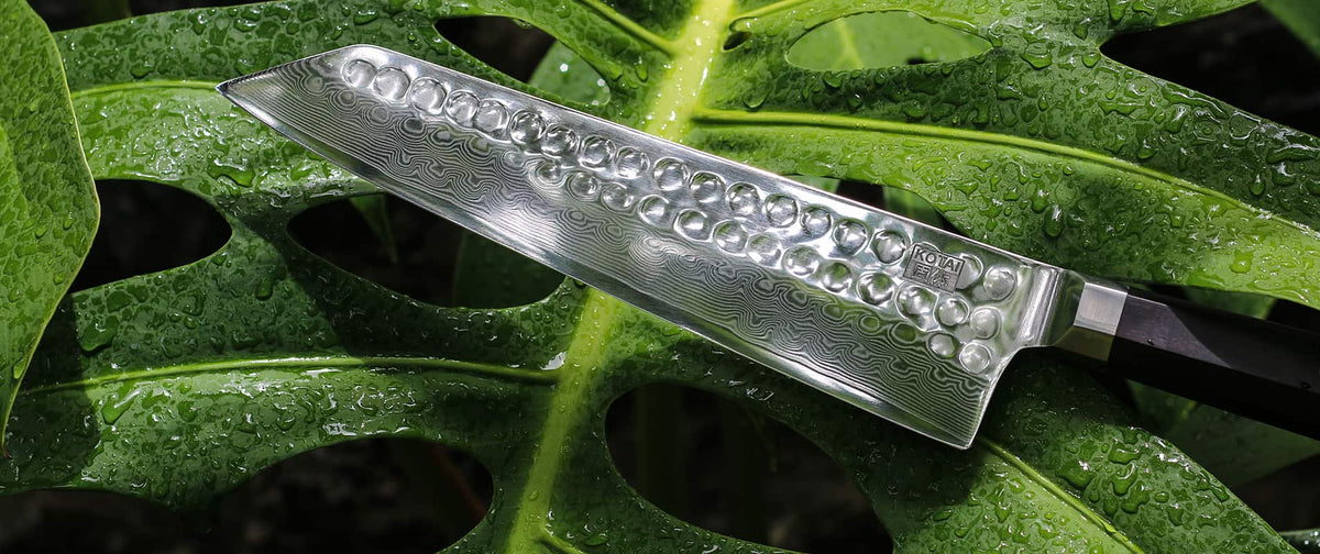 Couteau japonais Kotai Réunion lame Damas et monstera